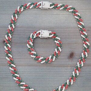 N/B Jewelry Set Cuban Ice Point Curb Diamond Green/Red/Silver with Rhinestones